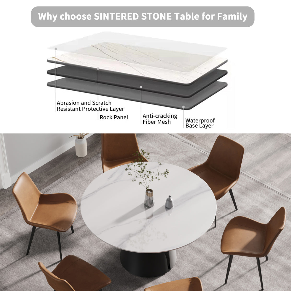 53.15"Modern artificial stone round black carbon steel base dining table - can accommodate 6 people | Home Elegance USA