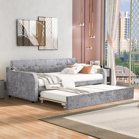 Twin Size Snowflake Velvet Daybed with Trundle and USB Charging Design,Gray - Home Elegance USA