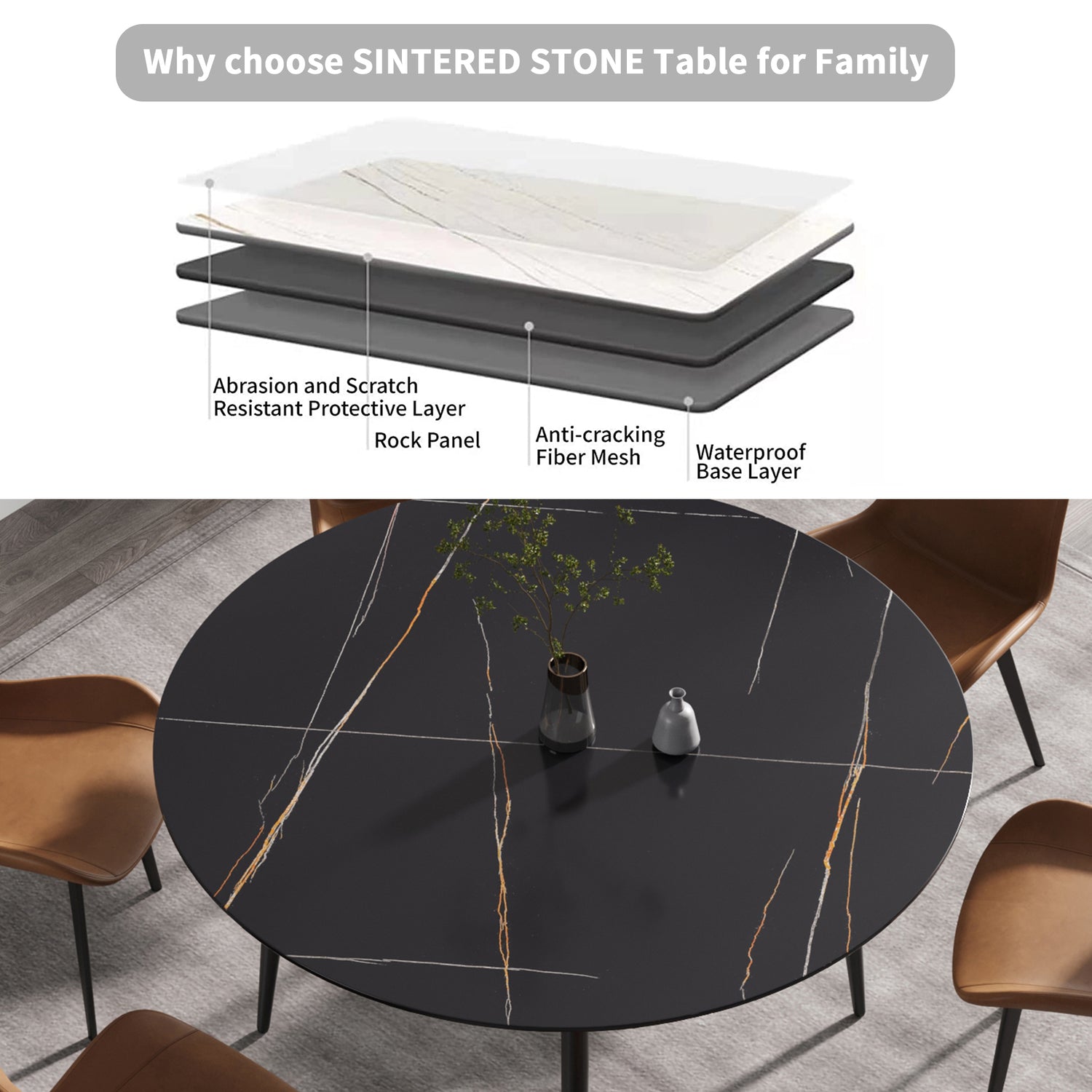 59.05"Modern man - made stone round black metal dining table - position for 6 people | Home Elegance USA