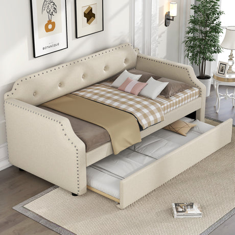 Upholstered Daybed with Trundle, Wood Slat Support,Upholstered Frame Sofa Bed, Twin, Beige - Home Elegance USA