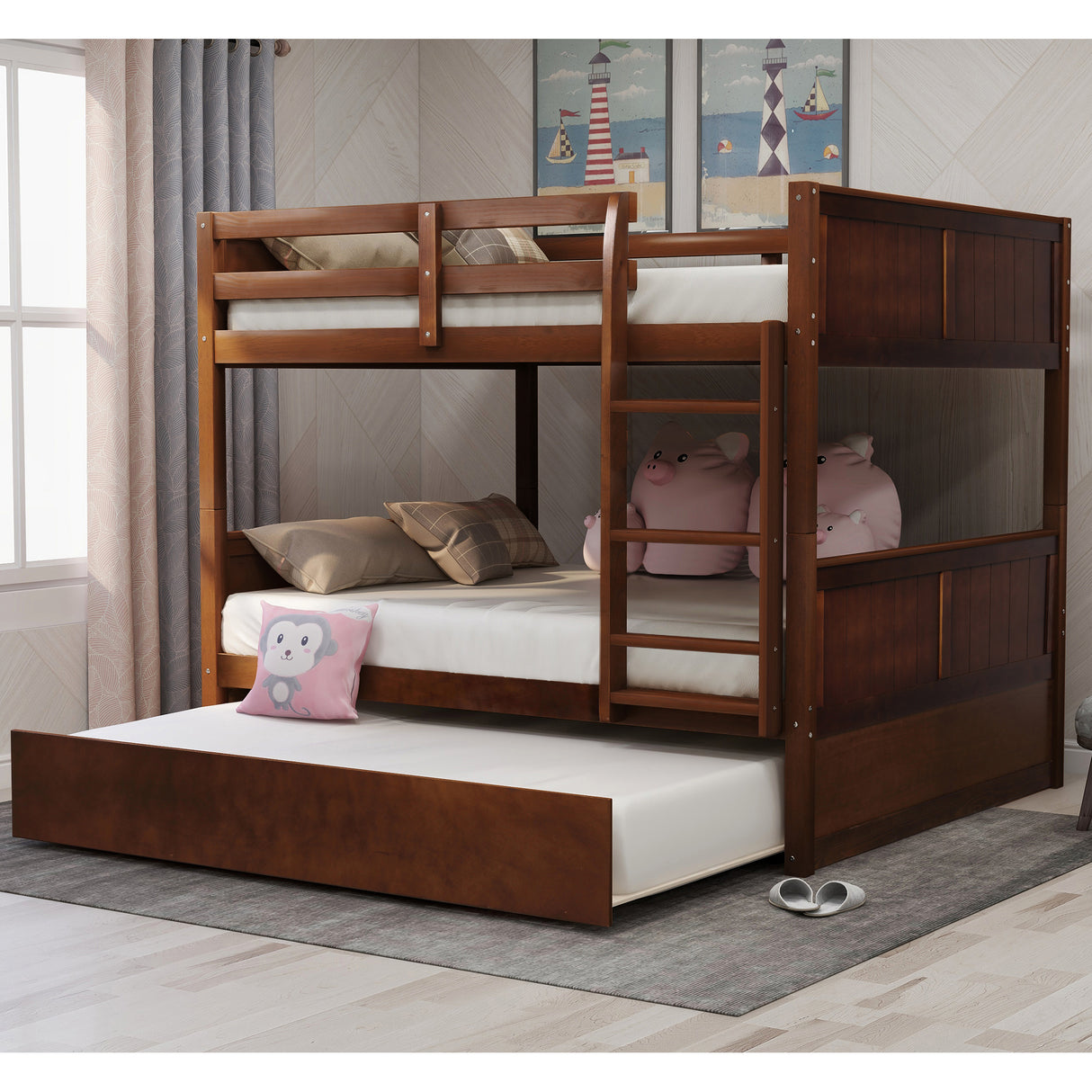 Full Over Full Bunk Bed with Twin Size Trundle, Walnut ( old sku: LP000250AAL) - Home Elegance USA