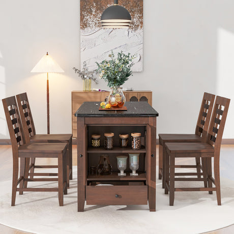 TOPMAX Counter Height 5-piece Dining Table Set with Faux Marble Tabletop, Solid Wood Table Set with Storage Cabinet and Drawer, Dark walnut - Home Elegance USA