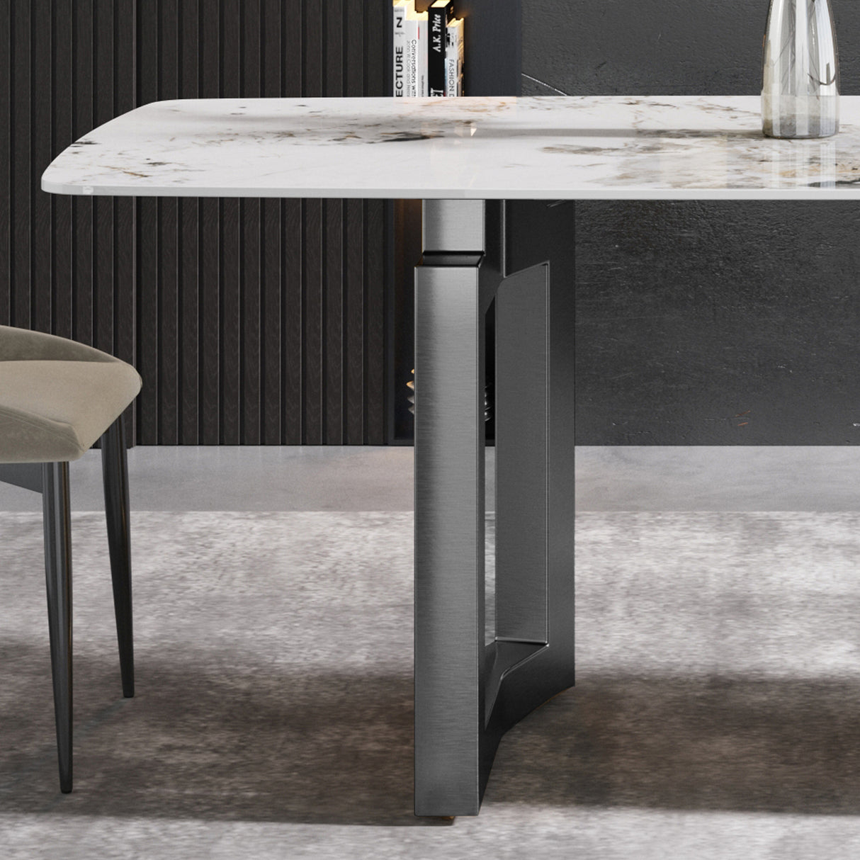 63"Modern artificial stone pandora white curved black metal leg dining table - 6 people | Home Elegance USA