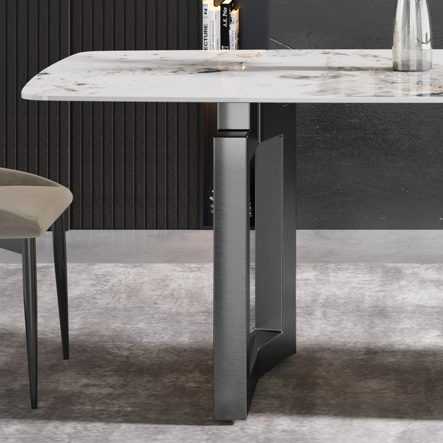 63"Modern artificial stone pandora white curved black metal leg dining table - 6 people | Home Elegance USA