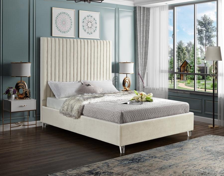 Candace Velvet Queen Bed In Cream - Candacecream - Q | Meridian | Home Elegance USA