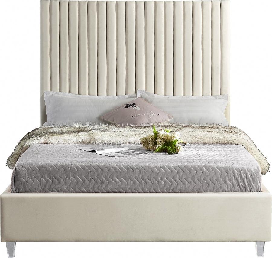 Candace Velvet Queen Bed In Cream - Candacecream - Q | Meridian | Home Elegance USA