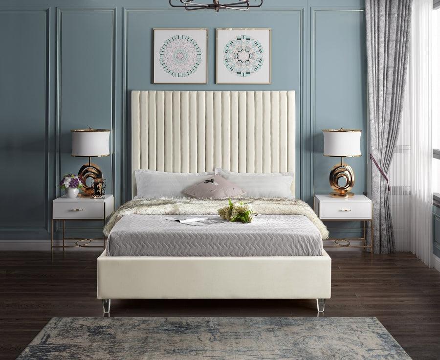 Candace Velvet Queen Bed In Cream - Candacecream - Q | Meridian | Home Elegance USA
