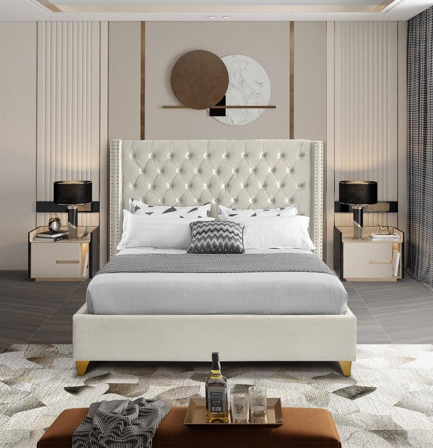 Barolo Velvet Queen Bed In Cream - Barolocream - Q | Meridian | Home Elegance USA