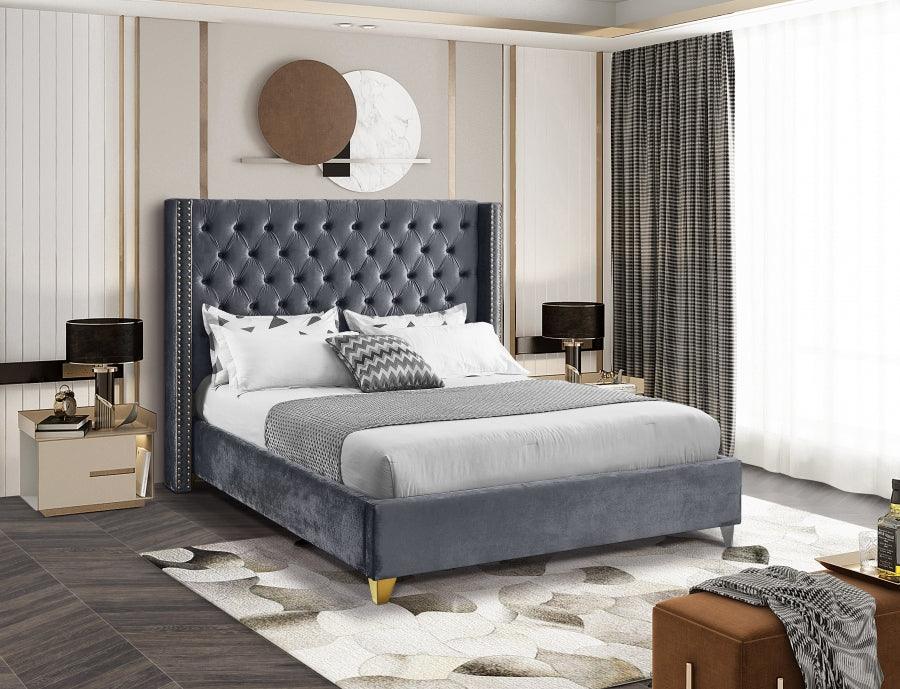 Barolo Velvet Queen Bed In Grey - Barologrey - Q | Meridian | Home Elegance USA