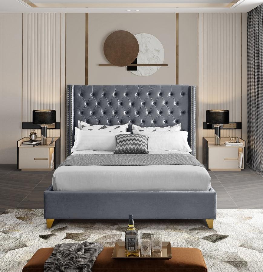 Barolo Velvet Queen Bed In Grey - Barologrey - Q | Meridian | Home Elegance USA