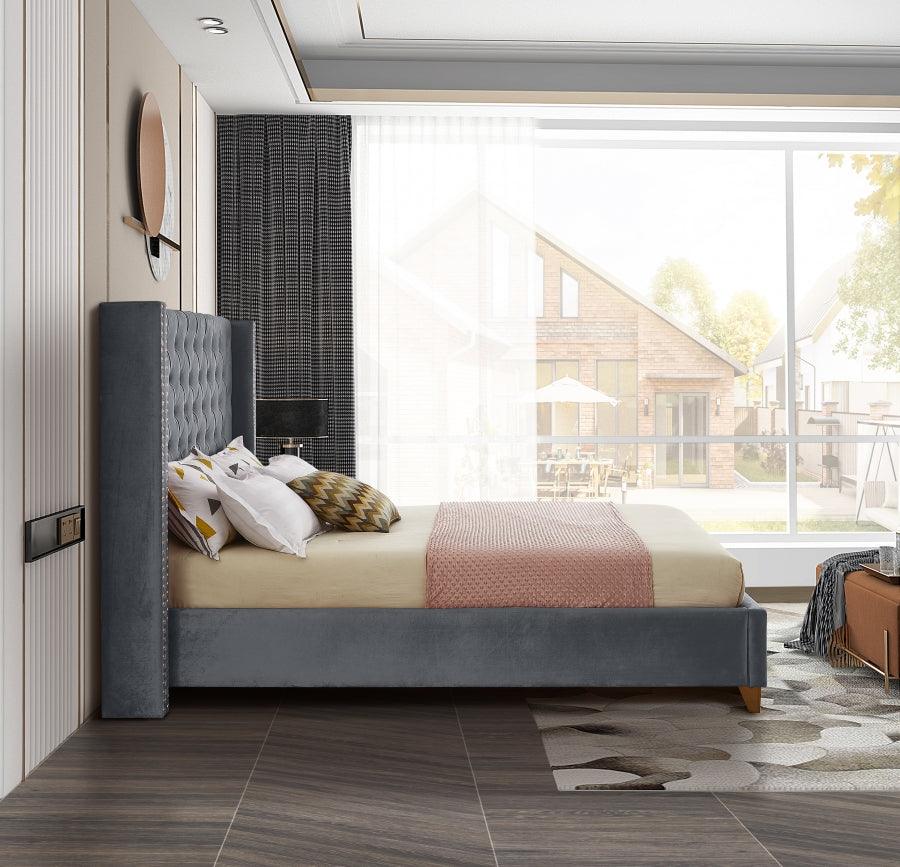 Barolo Velvet Queen Bed In Grey - Barologrey - Q | Meridian | Home Elegance USA