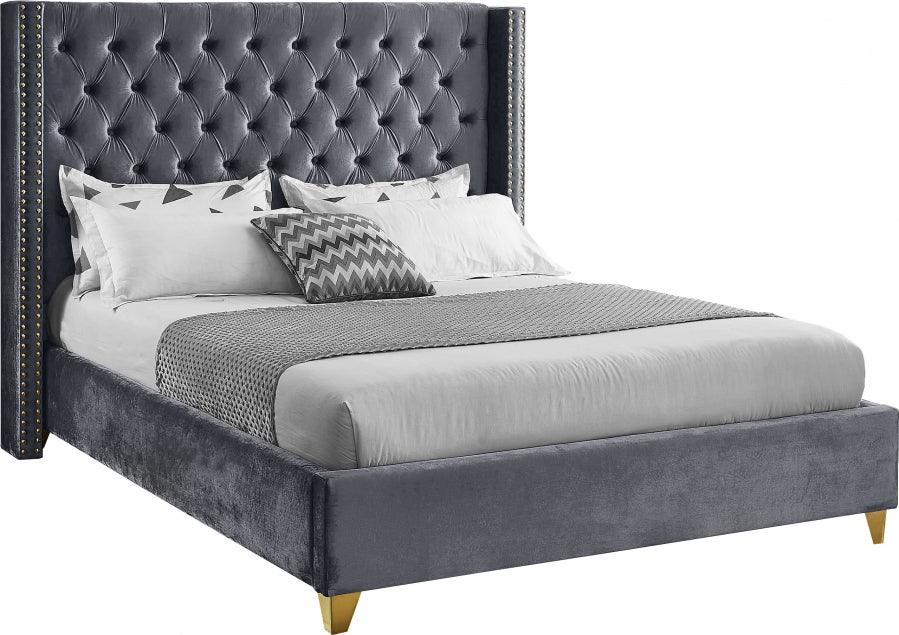 Barolo Velvet Queen Bed In Grey - Barologrey - Q | Meridian | Home Elegance USA