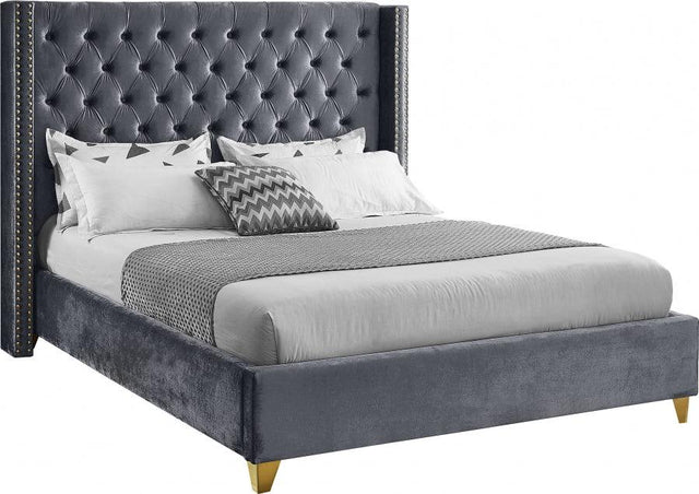Barolo Velvet Queen Bed In Grey - Barologrey - Q | Meridian | Home Elegance USA