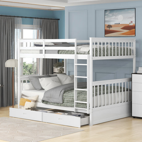 Full-Over-Full Bunk Bed with Ladders and Two Storage Drawers (White)(OLD SKU:LT000365AAK) - Home Elegance USA