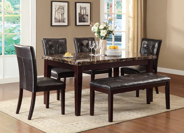 Espresso Finish 6pc Dining Set Faux Marble Top Table Bench Button-Tufted 4 Side Chairs Casual Transitional Dining Furniture - Home Elegance USA