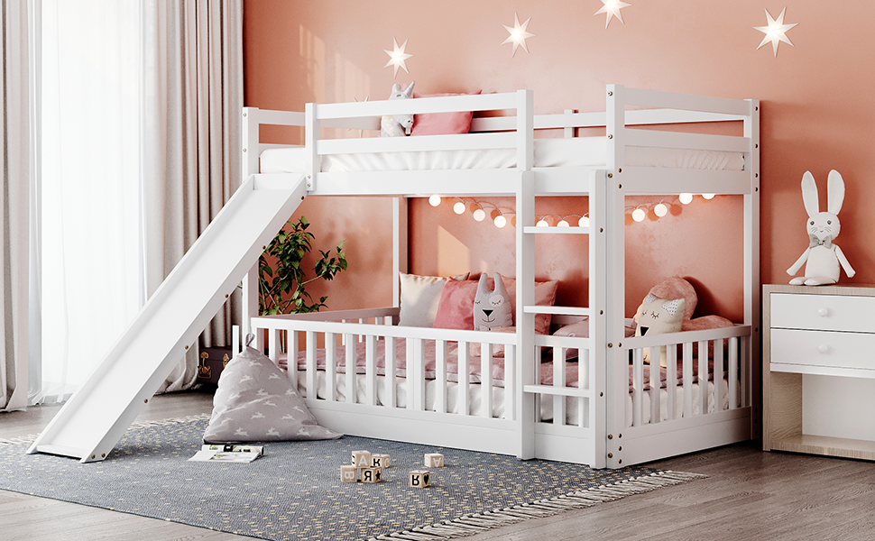 Twin Over Twin Bunk Bed with Slide and Ladder, White(Old SKU:LP000009AAK) - Home Elegance USA