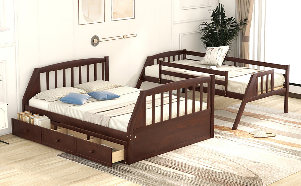 Twin-Over-Full Bunk Bed with Drawers,Ladder and Storage Staircase, Espresso - Home Elegance USA