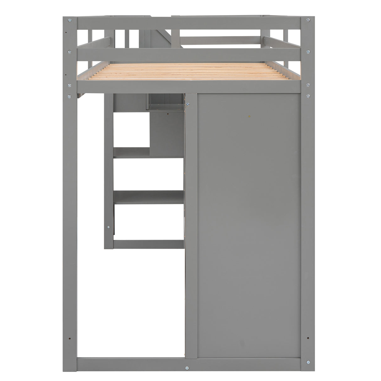 Functional Loft Bed with 3 Shelves, 2 Wardrobes and 2 Drawers, Ladder with Storage, No Box Spring Needed, Gray - Home Elegance USA