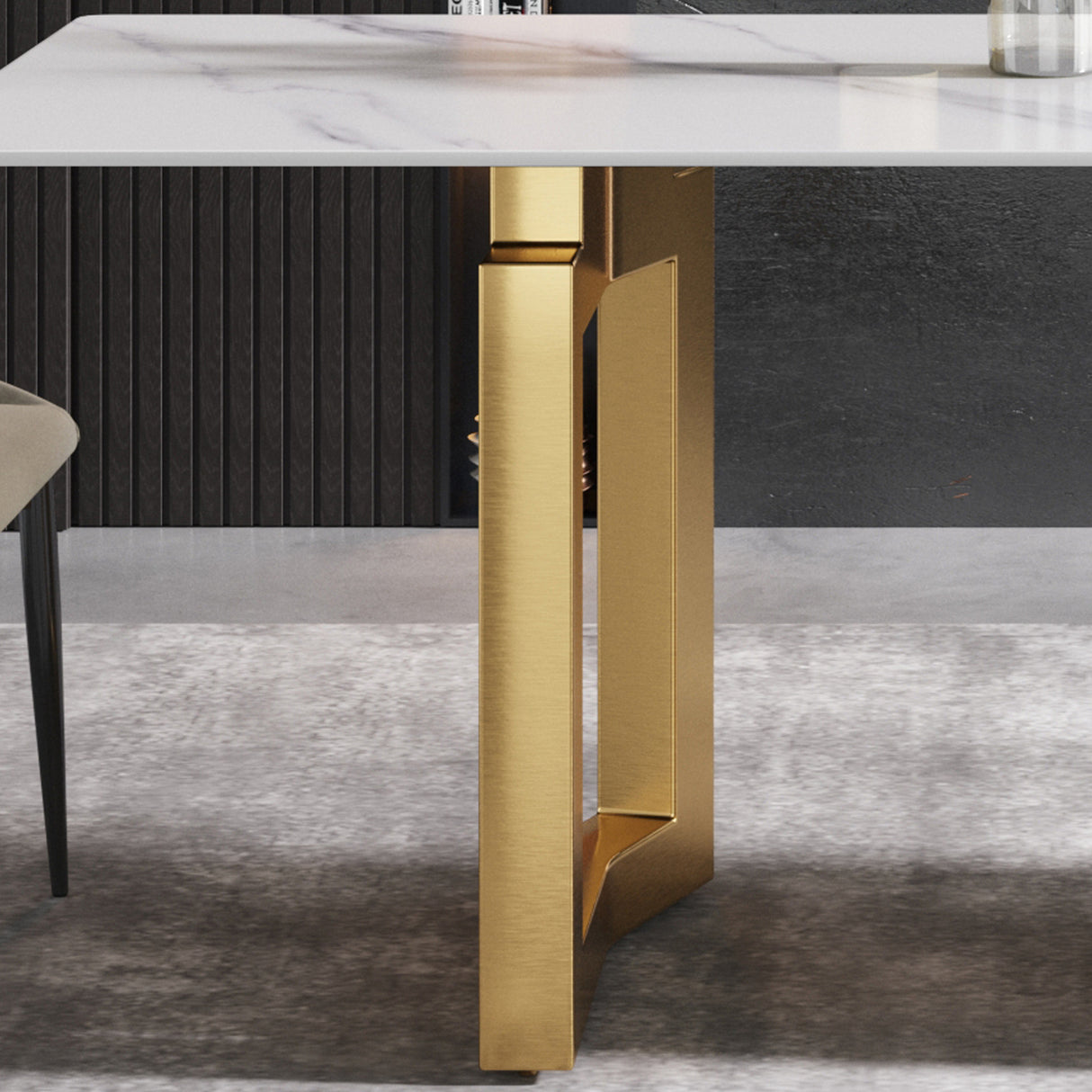 63"Modern artificial stone white straight edge golden metal leg dining table - 6 people | Home Elegance USA