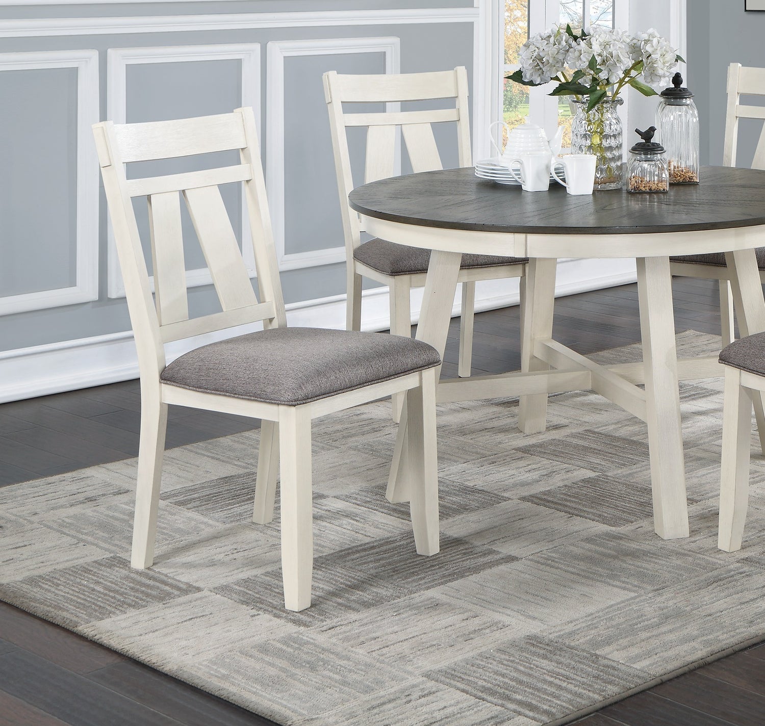 Dining Room Furniture 5pc Dining Set Round Table And 4x Side Chairs Gray Fabric Cushion Seat White Clean Lines Wooden Table Top | Home Elegance USA