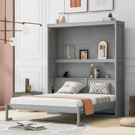Queen Size Murphy Bed Wall Bed with Shelves,Gray - Home Elegance USA