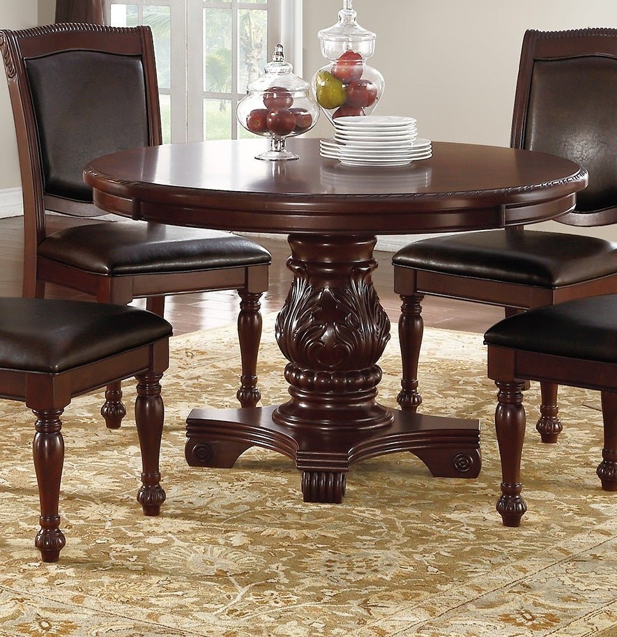 Majestic Classic Formal Dining Room Table And 4x Side Chairs Brown 5pc Set Dining Table Pedestal Base Round Table Faux Leather - Home Elegance USA