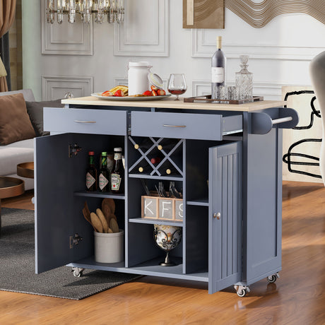 K&K Store Kitchen Island Cart with Two Storage Cabinets and Four Locking Wheels，Wine Rack, Two Drawers,Spice Rack, Towel Rack （Grey Blue） - Home Elegance USA