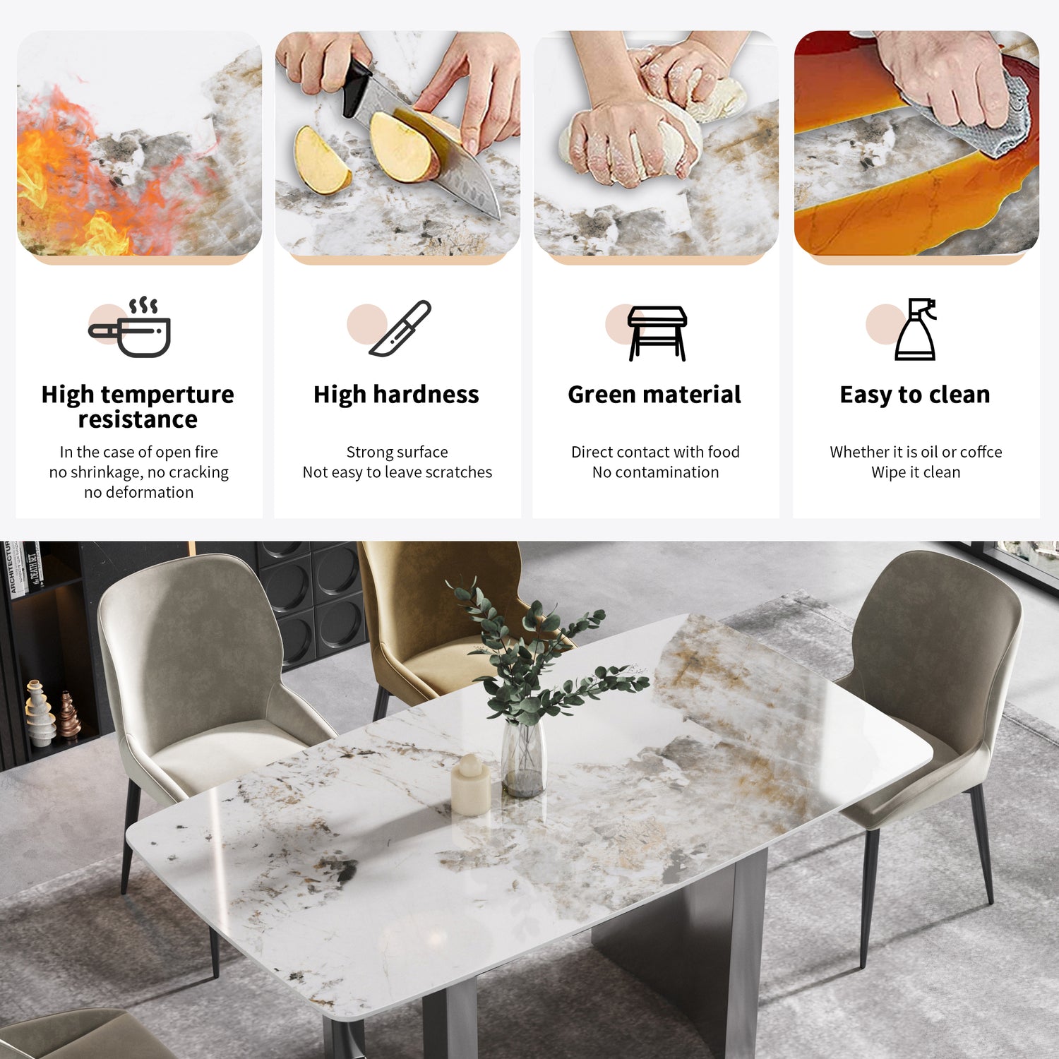 63"Modern artificial stone pandora white curved black metal leg dining table - 6 people | Home Elegance USA