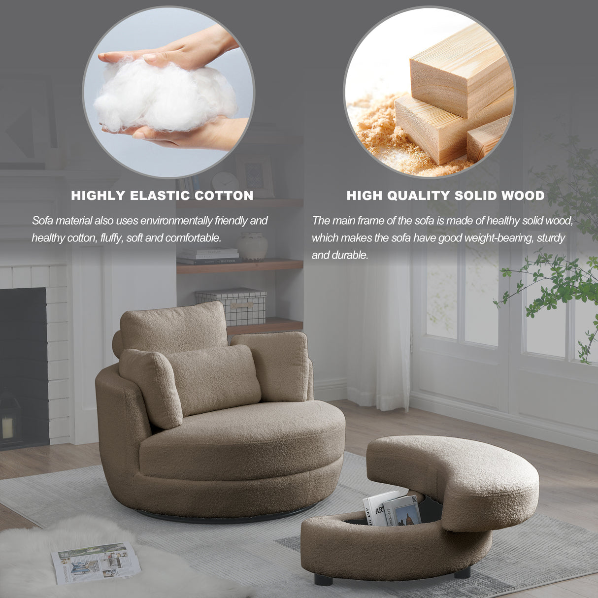 39"W Oversized Swivel Chair with moon storage ottoman for Living Room, Modern Accent Round Loveseat Circle Swivel Barrel Chairs for Bedroom Cuddle Sofa Chair Lounger Armchair, 4 Pillows, Teddy Fabric Home Elegance USA
