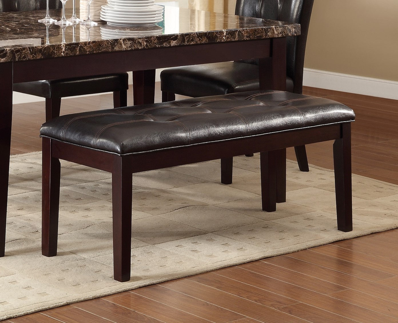 Espresso Finish 6pc Dining Set Faux Marble Top Table Bench Button-Tufted 4 Side Chairs Casual Transitional Dining Furniture - Home Elegance USA