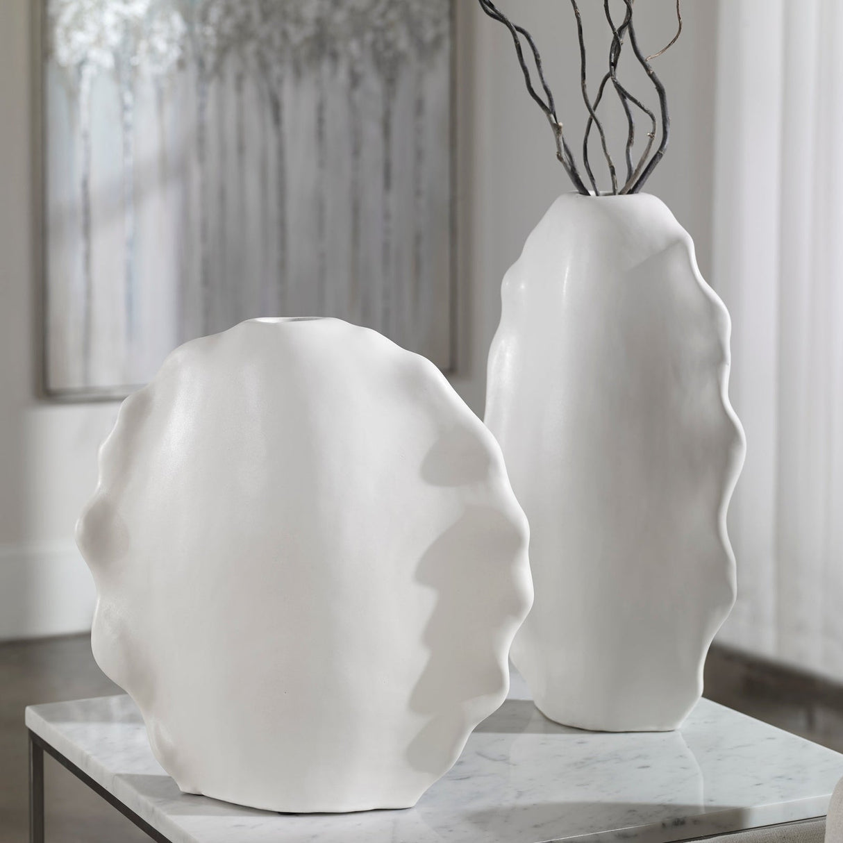 Uttermost Ruffled Feathers Modern White Vases - Set Of 2 - Home Elegance USA
