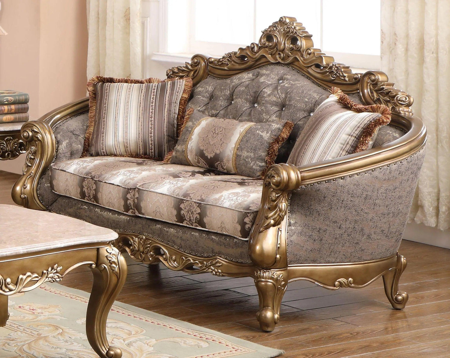 Amelia Traditional Sofa And Loveseat In Bronze Wood Finish | Cosmos | Home Elegance USA
