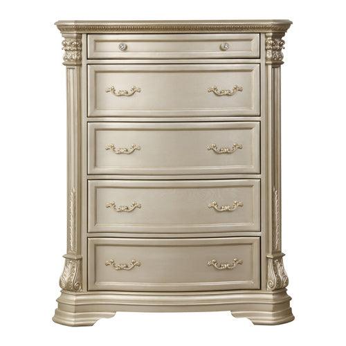 Homelegance Antoinetta 1919NC-9 Chest in champagne finish, 5-drawer storage with ornate carvings and European styling. 44.5”W x 19”D x 56”H. Free white-glove assembly & shipping included.