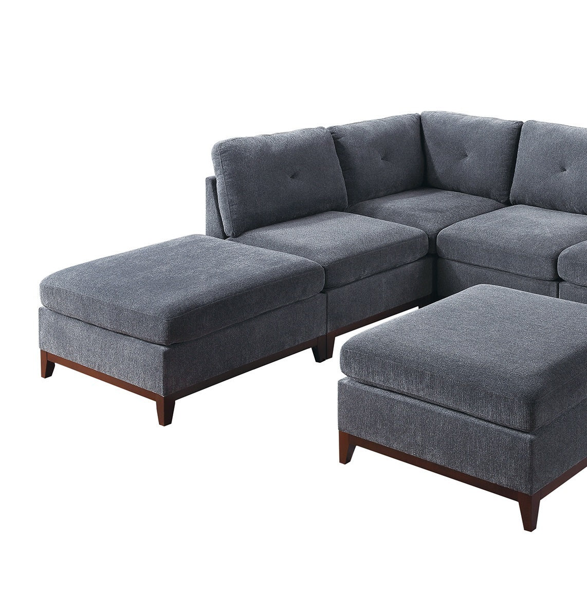 Ash Grey Chenille Fabric Modular Sectional 7pc Set Living Room Furniture U - Sectional Couch 2x Corner Wedge 3x Armless Chairs and 2x Ottomans Tufted Back Exposed Wooden Base