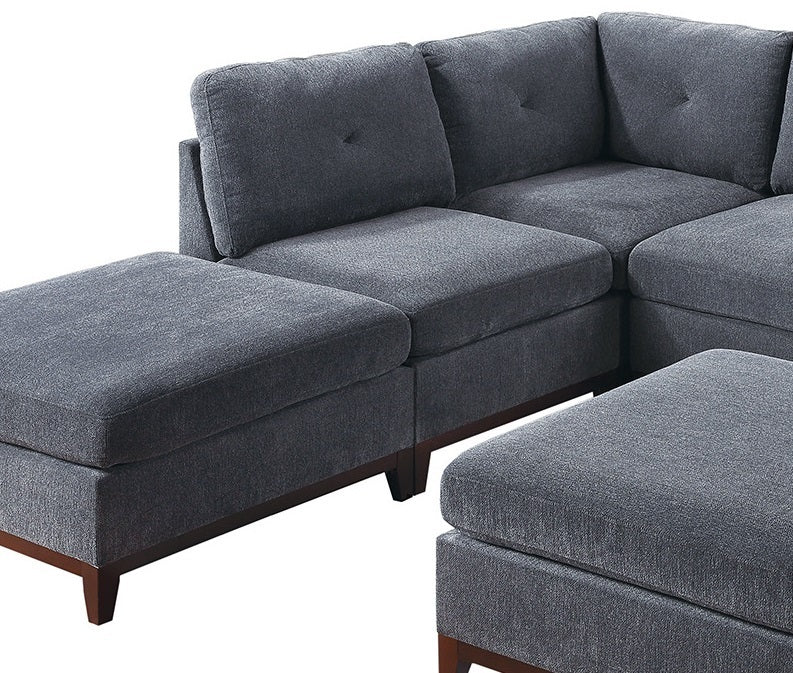 Ash Grey Chenille Fabric Modular Sectional 7pc Set Living Room Furniture U - Sectional Couch 2x Corner Wedge 3x Armless Chairs and 2x Ottomans Tufted Back Exposed Wooden Base