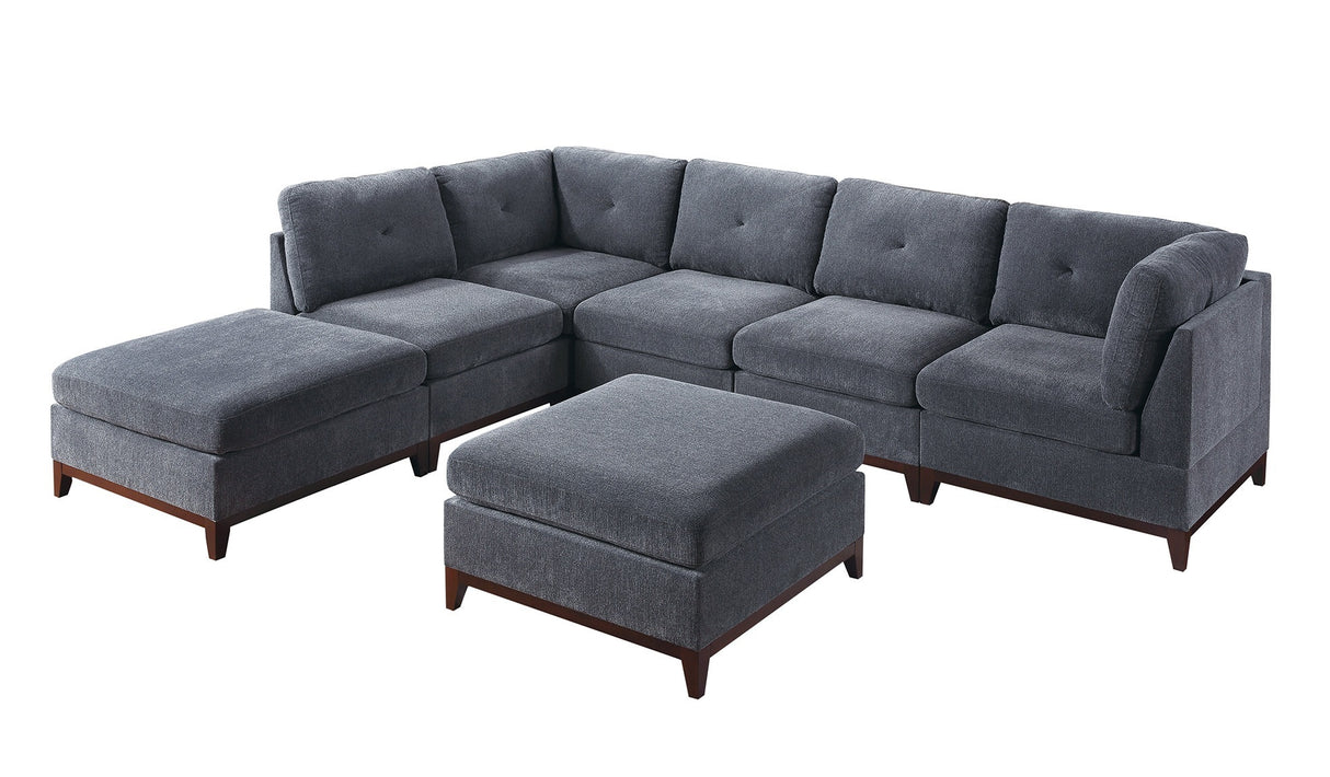 Ash Grey Chenille Fabric Modular Sectional 7pc Set Living Room Furniture U - Sectional Couch 2x Corner Wedge 3x Armless Chairs and 2x Ottomans Tufted Back Exposed Wooden Base