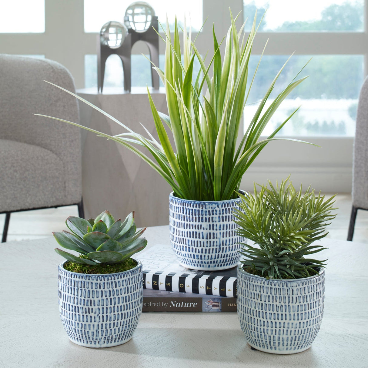 Uttermost Puebla Greenery In Blue & White Pots - Set Of 3 - Home Elegance USA