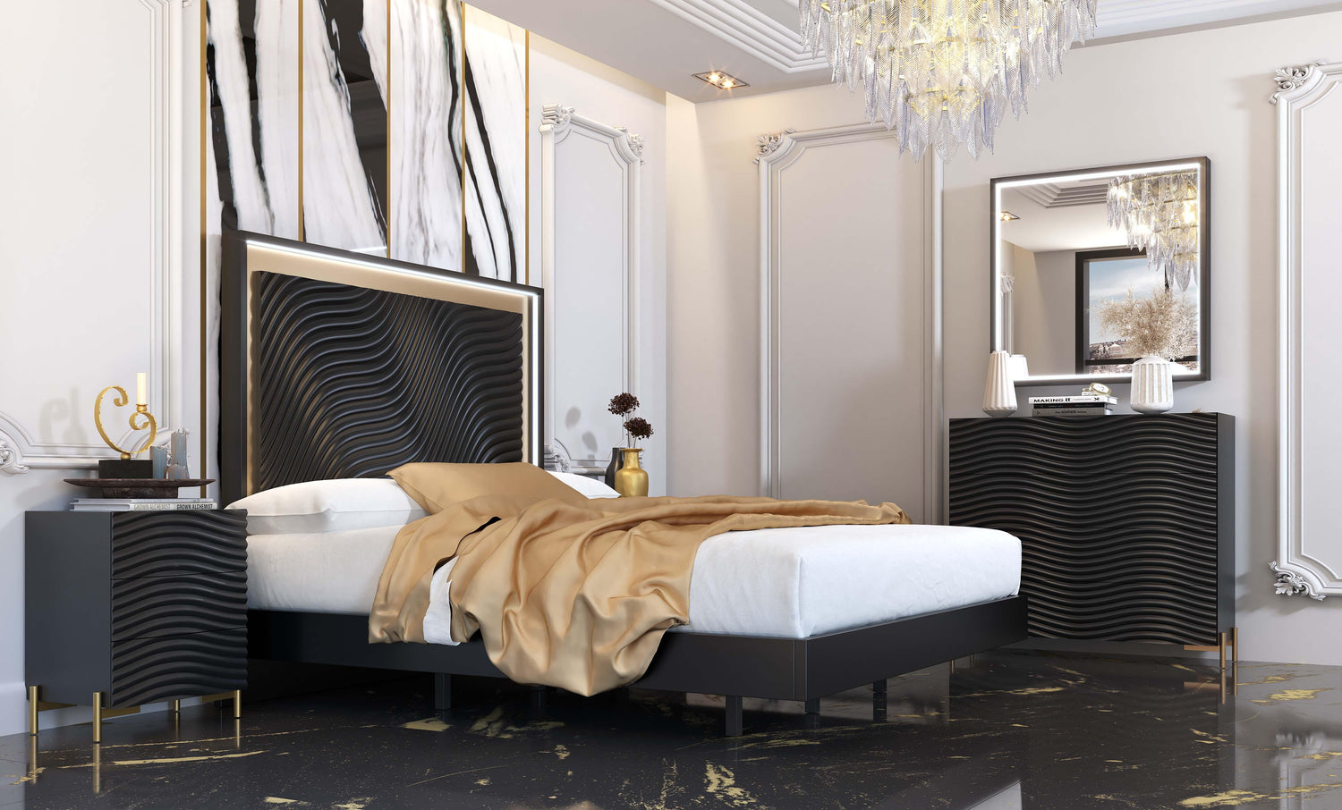 Esf Furniture - Franco Spain Wave 5 Piece King Bedroom Set In Dark Grey - Waveksbedgrey-5Set