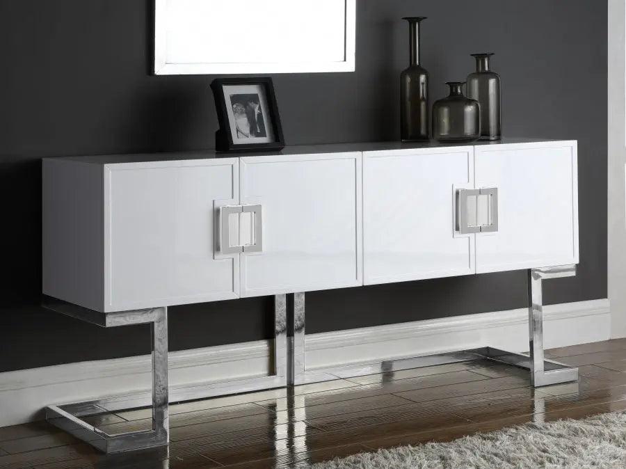 Beth Sideboard / Buffet In White Lacquer With Chrome Base | Meridian | Home Elegance USA