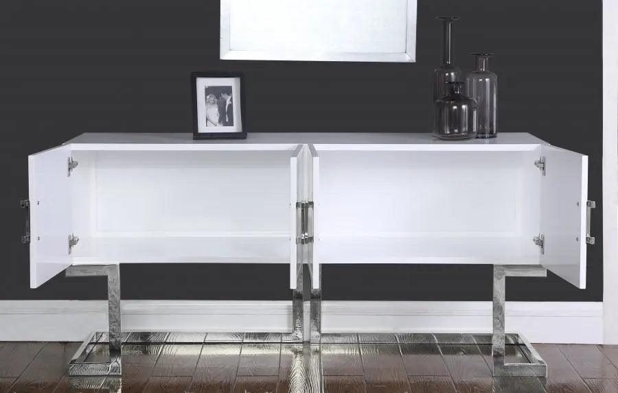 Beth Sideboard / Buffet In White Lacquer With Chrome Base | Meridian | Home Elegance USA