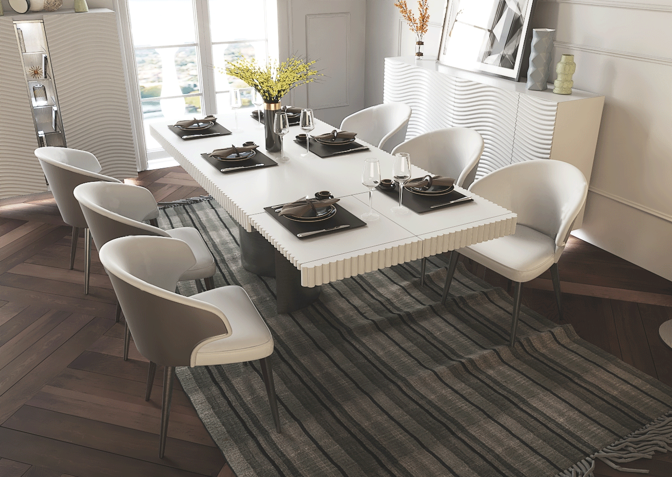 Esf Furniture - Wave 7 Piece Dining Table Set In White Matt - Wave-White-7Set