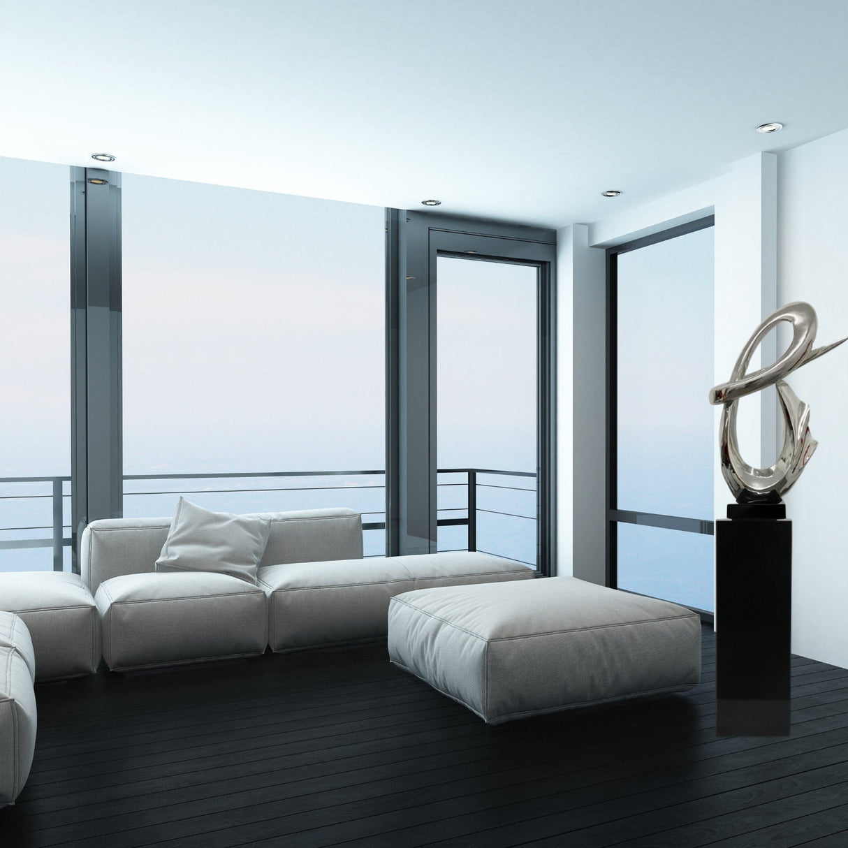 Chrome Fluid Abstract Floor Sculpture With Black Stand, 59" Tall - Home Elegance USA