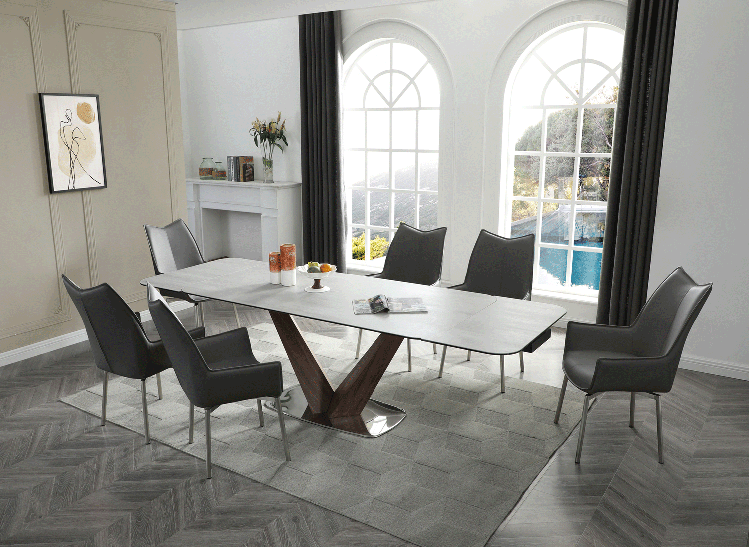 9188 Dining Table With 1218 Swivel Dark Grey Chairs - 9188 - 1218 - 6Greychair | ESF | Home Elegance USA