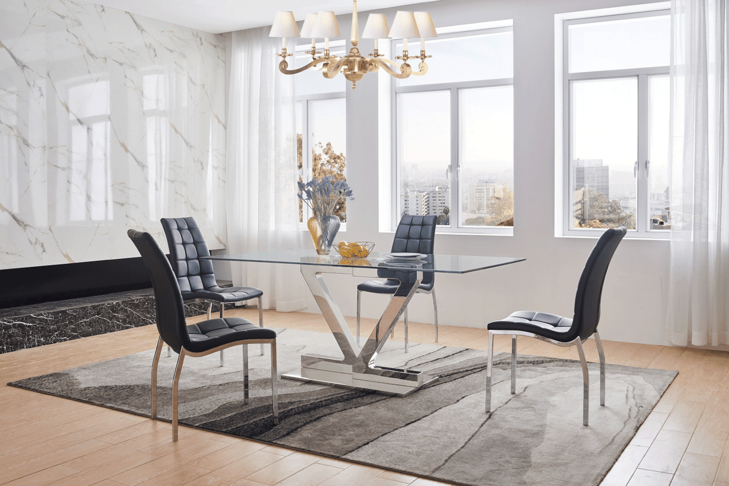 Esf Furniture - Zig Zag Dining Table 160 With 365 Black Chairs - Zztable160-365