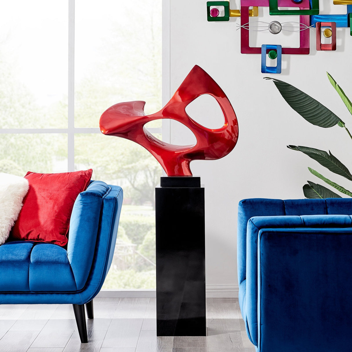 Metallic Red Abstract Mask Floor Sculpture With Black Stand, 54" Tall - Home Elegance USA