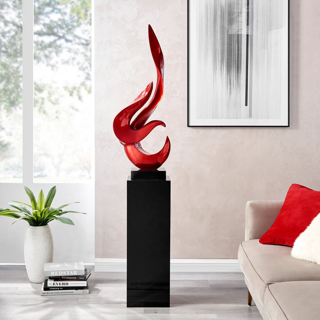 Metallic Red Flame Floor Sculpture With Black Stand, 65" Tall - Home Elegance USA