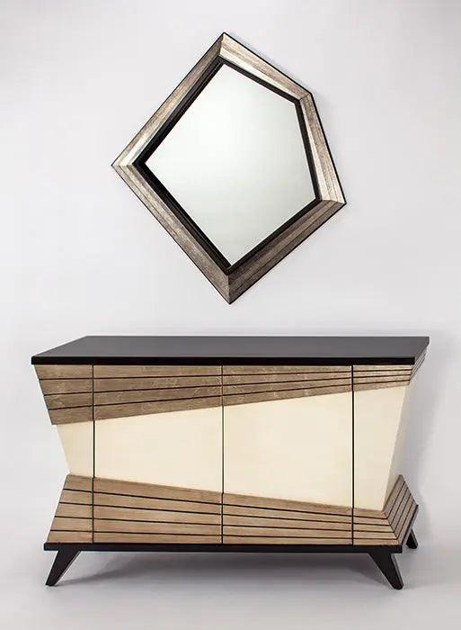 Artmax 7842-S modern sideboard in light antiqued ivory with muted bronze and dark sable top; 2 doors, 1 shelf, touch-latch, protective glass top. Optional 7842-FM mirror. 58W × 16D × 34.5H; mirror 37W × 3D × 39H.