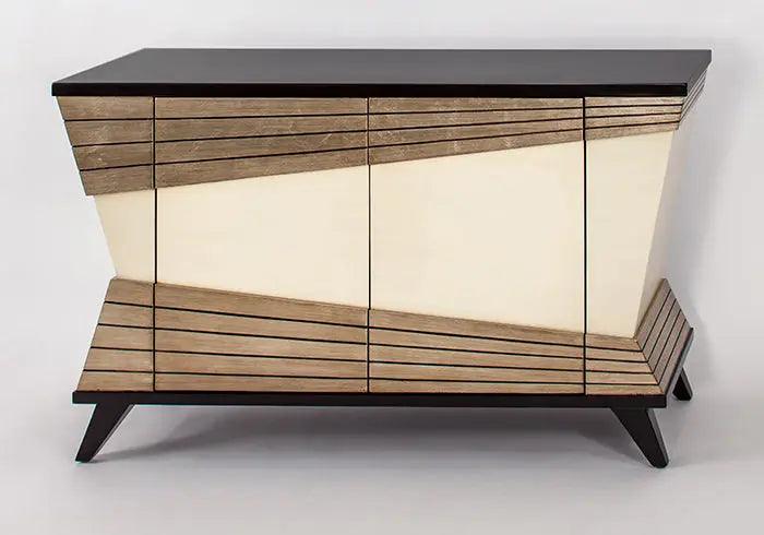 Artmax 7842-S modern sideboard in light antiqued ivory with muted bronze and dark sable top; 2 doors, 1 shelf, touch-latch, protective glass top. Optional 7842-FM mirror. 58W × 16D × 34.5H; mirror 37W × 3D × 39H.