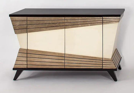 Artmax 7842-S modern sideboard in light antiqued ivory with muted bronze and dark sable top; 2 doors, 1 shelf, touch-latch, protective glass top. Optional 7842-FM mirror. 58W × 16D × 34.5H; mirror 37W × 3D × 39H.