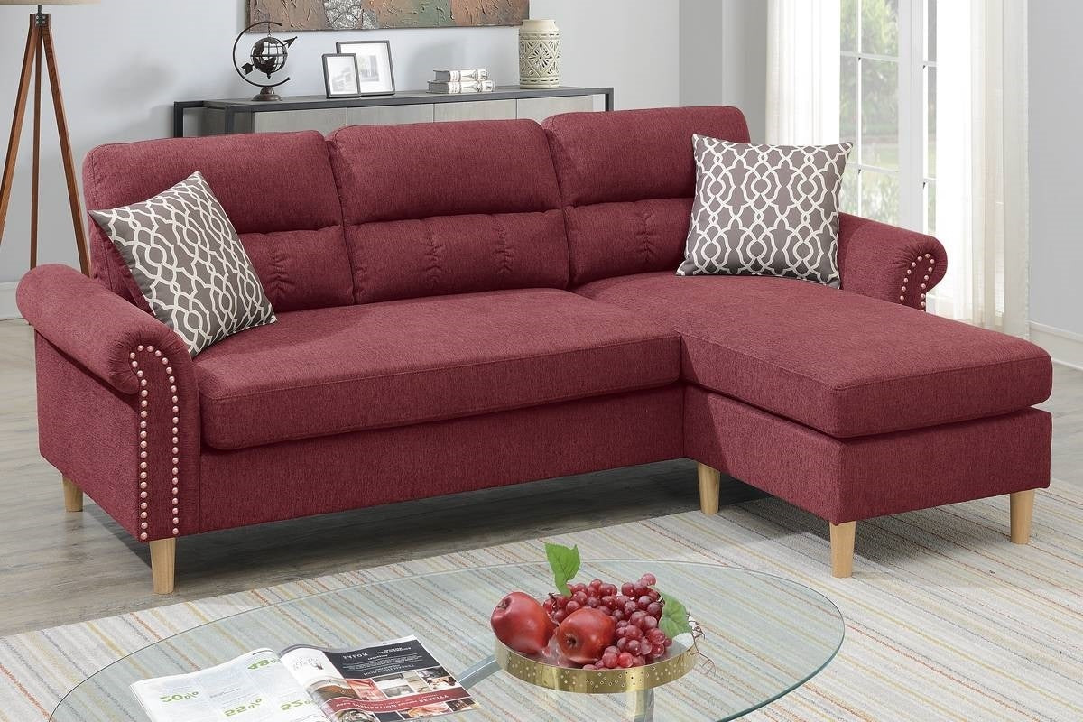 Paparika Red Color Polyfiber Reversible Sectional Sofa Set Chaise Pillows Plush Cushion Couch Nailheads - Home Elegance USA